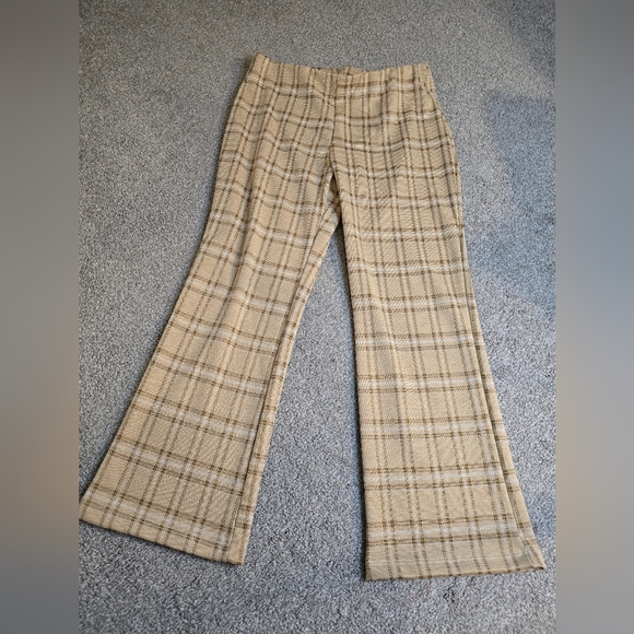 LaLa Land Polyester Flare Plaid Neutral Pant  Women's Large Boho Coastal Grandma - Picture 2 of 7